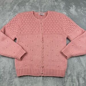 Amanda Smith Vintage 90s Sweater S Pink Crochet Boho Cottage Cardigan Oversize